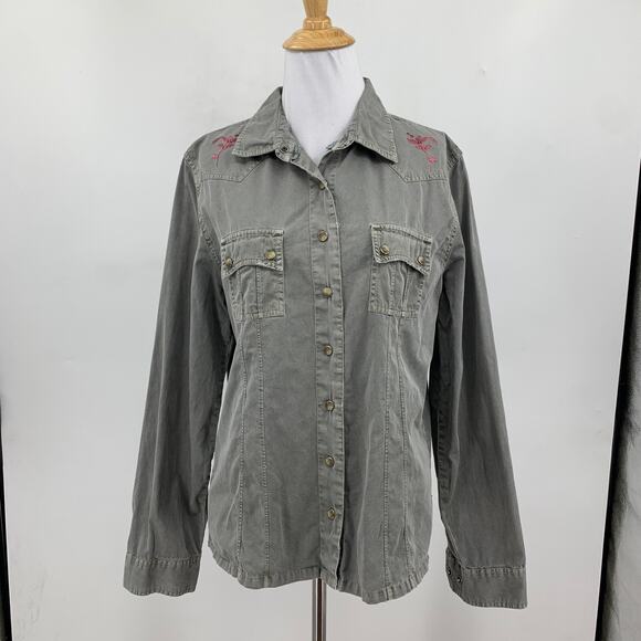 Gramicci Shirt Womens L Large Shitake Long Sleeve Button Up Pearl Snap Western - Picture 2 of 10